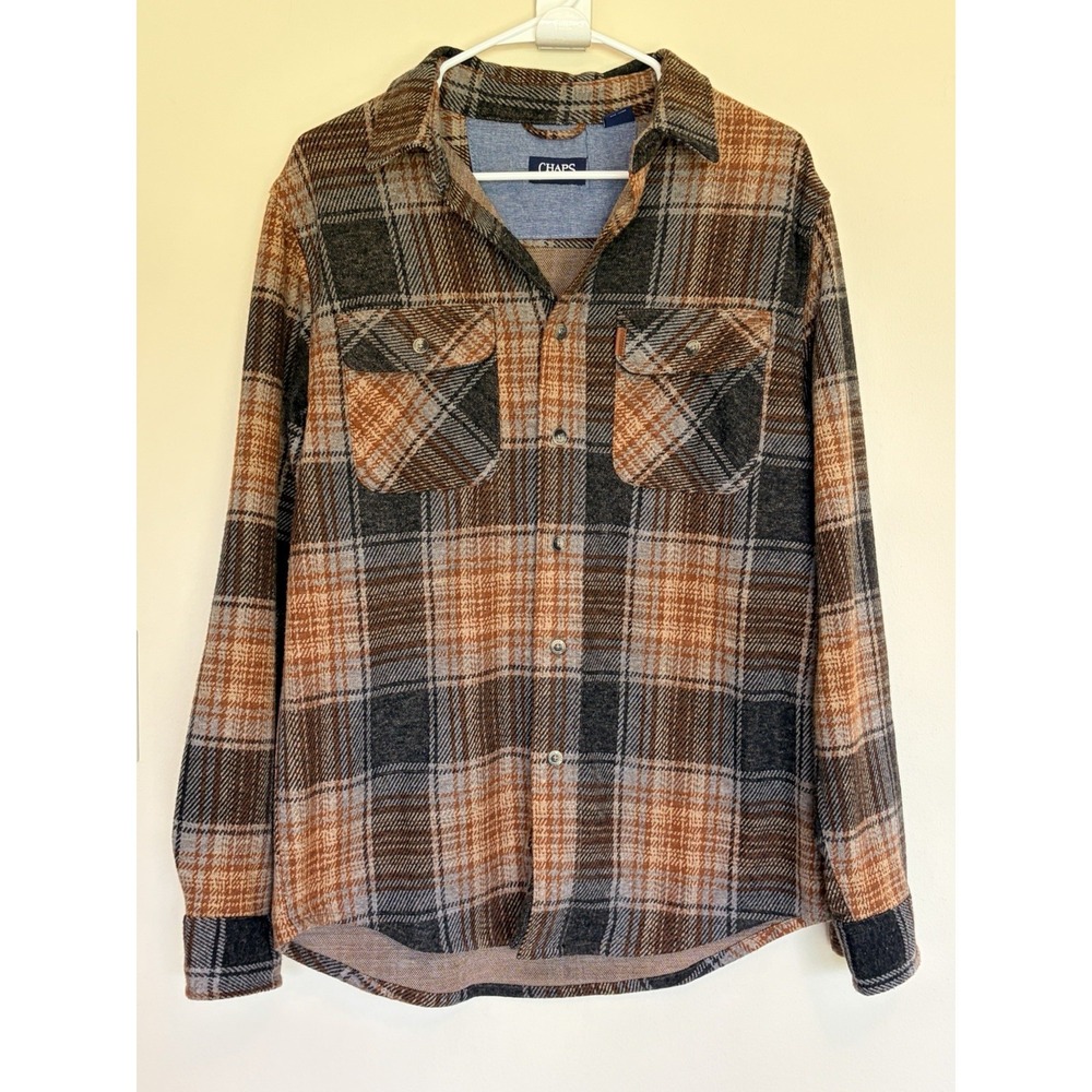 CHAPS Brown Plaid Heavyweight Button Down Shirt Shacket Camp Outdoor‎ Mens Small